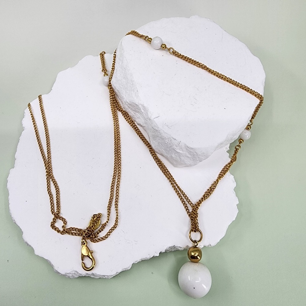 Napier Vintage Gold Tone White Bead Long Orb Pendant Necklace Statement Jewelry